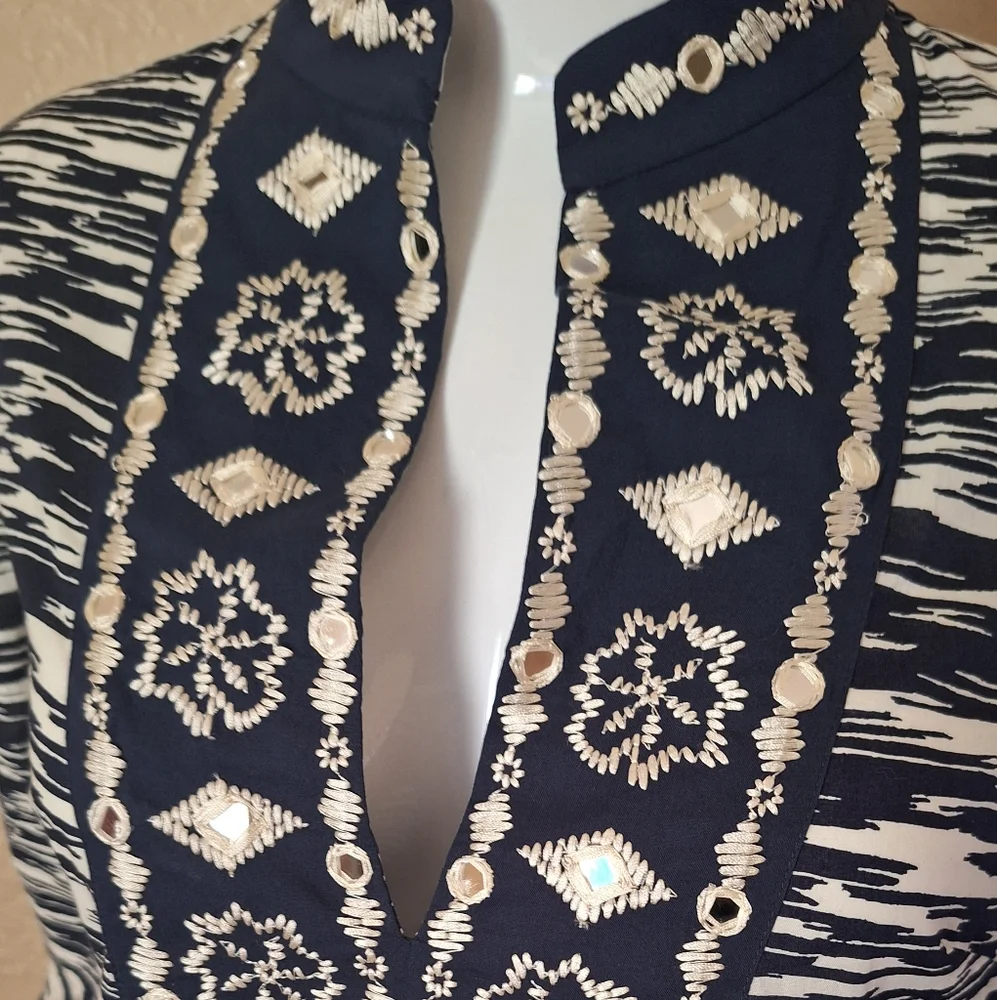 Tory Burch Tunic Dark Blue & white with Mirror details.
